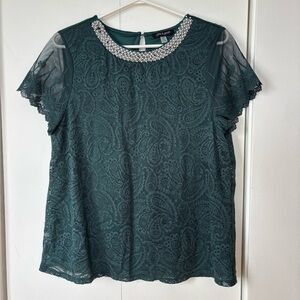 Cable & Gauge Lace Blouse with Embellished Neckline - Size L